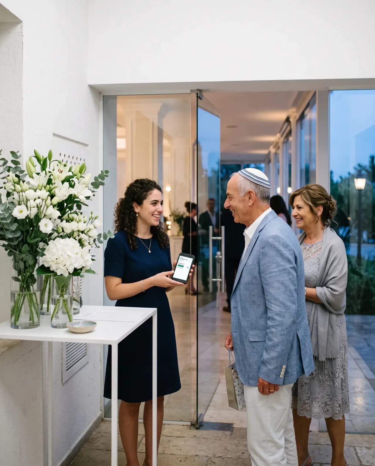 A young host in a navy dress greets an older couple at the glass entrance of an event hall, holding a phone.