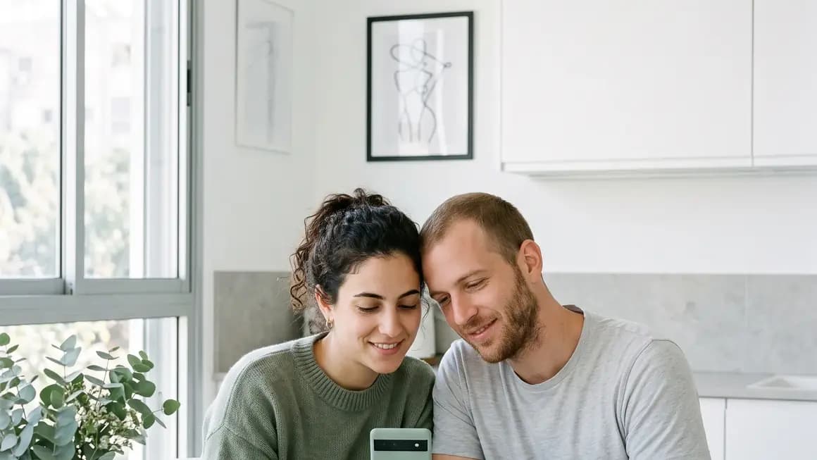 אישה וגבר מסתכלים יחד בטלפון ליד שולחן במטבח מואר