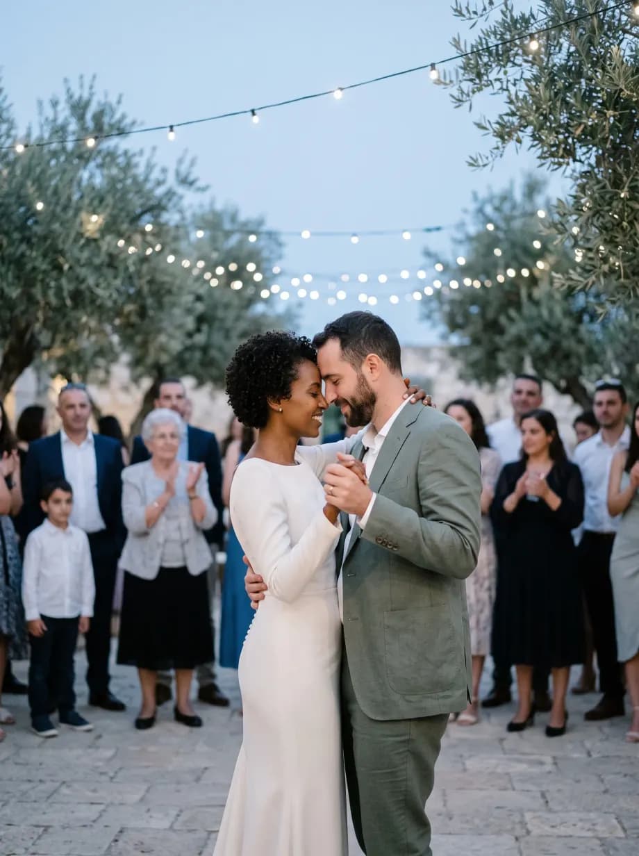 חתן וכלה רוקדים מתחת לעצי זית ובני המשפחה מוחאים כפיים