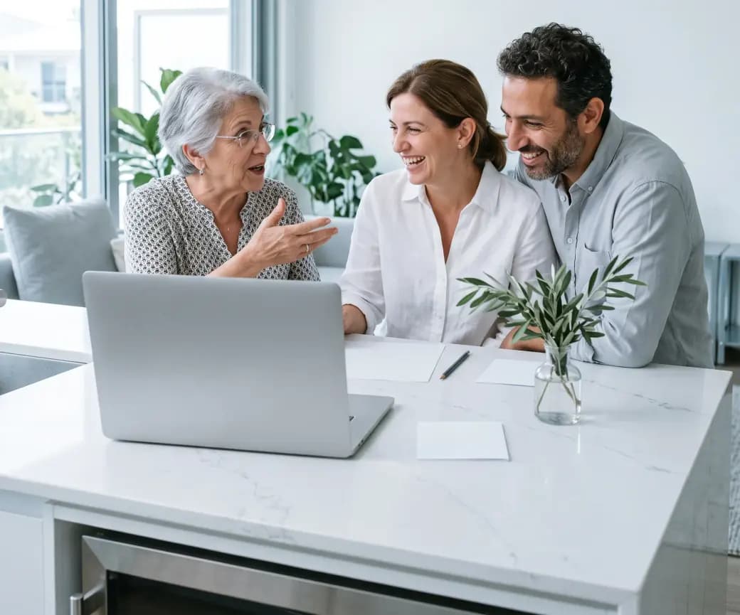 A grandmother, her daughter and the daughter’s fiance laughing around a laptop at a white kitchen table.