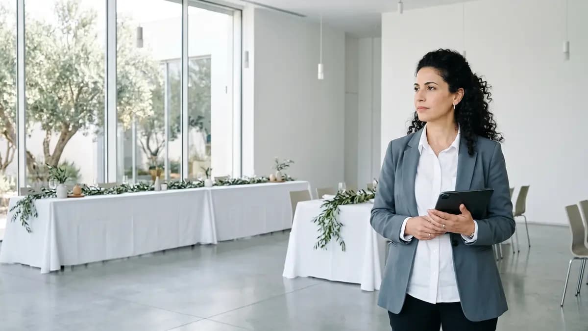An event planner holding a tablet in a bright venue set for a reception.