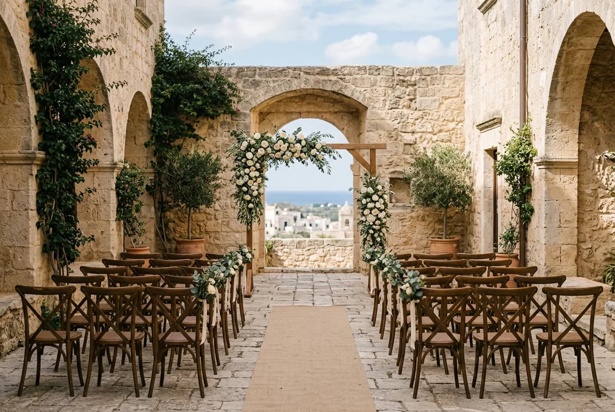 Floral arch of white roses and olive branches standing in a stone archway, with potted olive trees on either side