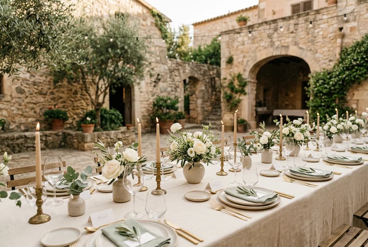 Candlelit banquet table set for dinner in a stone courtyard at golden hour, with olive trees and string lights overhead