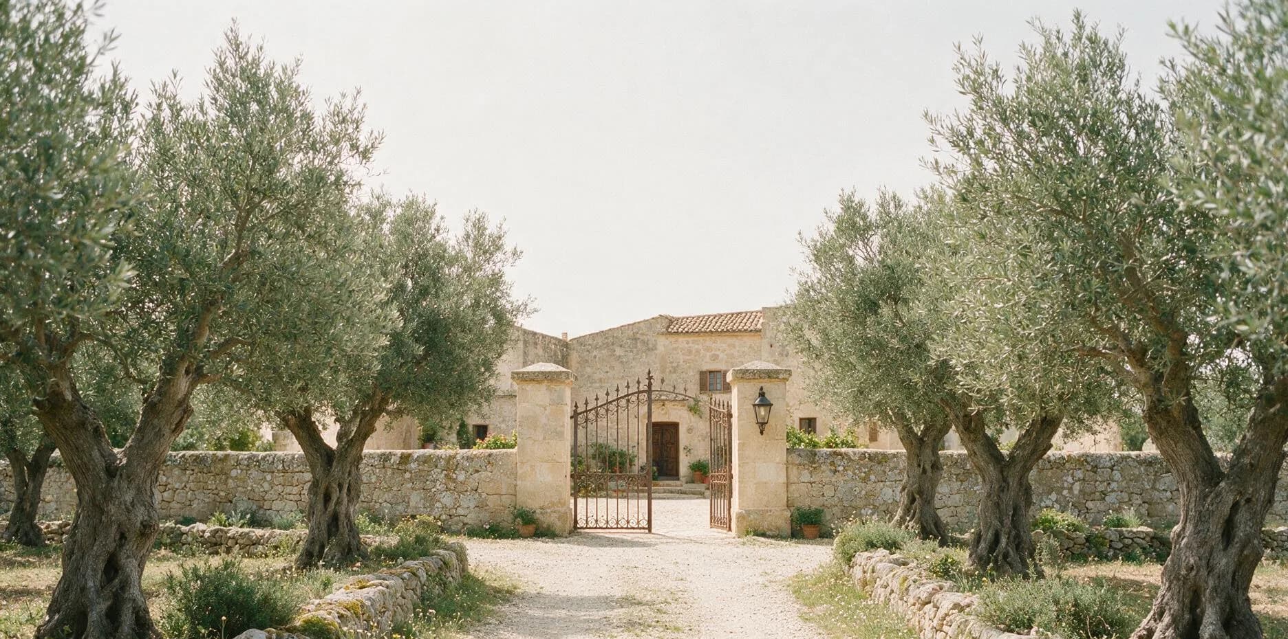 Gravel drive lined with old olive trees leading to the gated entrance of a stone farmhouse under an open pale sky