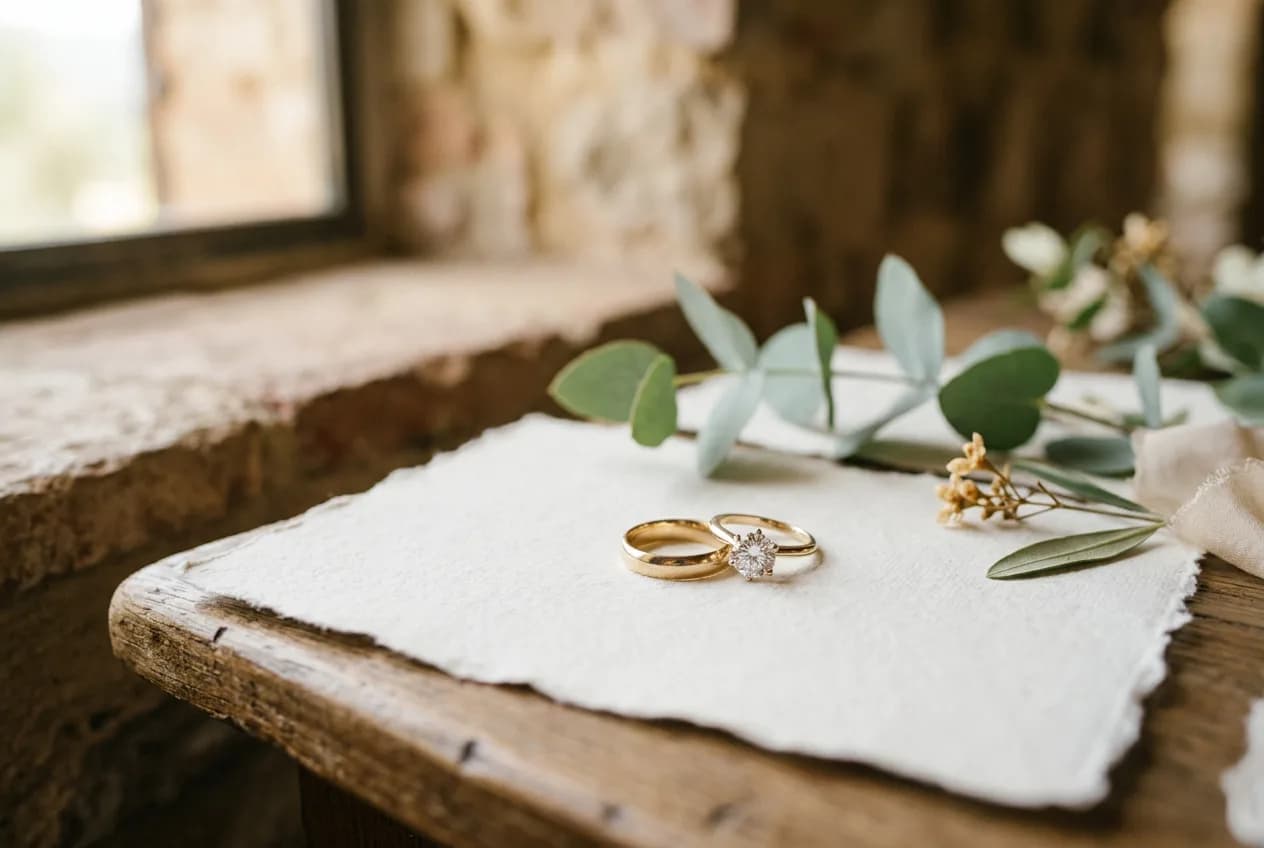 Two gold wedding bands and an engagement ring resting on handmade paper on a weathered wooden sill, with eucalyptus sprigs beside them