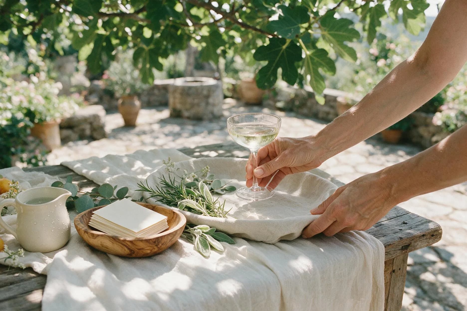 Hands smoothing a linen cloth over a rustic outdoor table under a fig tree, with a coupe of white wine, a jug, an olive-wood bowl of cards and sprigs of rosemary and sage
