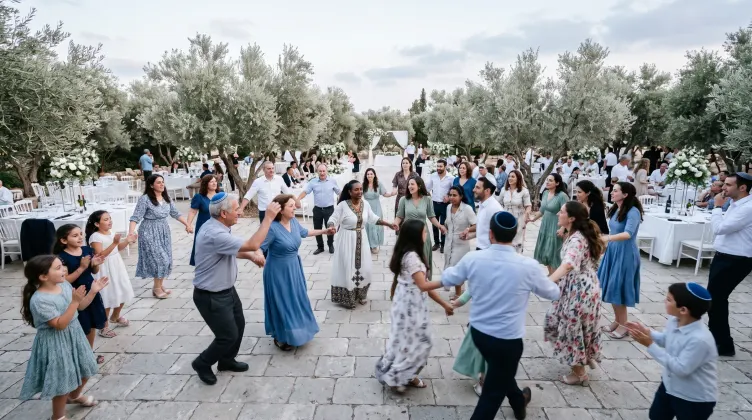 אורחים בכל הגילים רוקדים הורה במעגל בין עצי זית